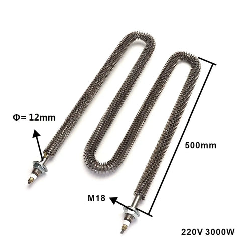 Heavy Duty Finned Heater 220V Electric Tubular Heating Element Built From Stainless Steel, 500mm long, 12mm diameter, 3000W.