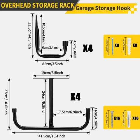 Overhead Garage Storage Racks 4 Pack With Four Hooks, Heavy Duty Ceiling Shelf System Totals 444 Lb Capacity dimensions illustration