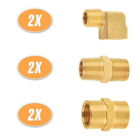 Front view: SUNGATOR 1/4-in brass fittings kit with 2x 90° elbows, 2x male hex nipples, 2x female hex couplings