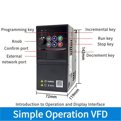 380V Economical VFD Drive Inverter For Motors 0.75kW To 2.2kW Speed Controller With 50Hz Output DC And AC Inverter Easy Install No Brainer Setup High Torque Startup Energy Saving Motor Controller front panel, 72x119x142mm
