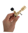 Hand holding Flame Bunsen Burner Portable Gas Blowtorch Head For Propane Cooking Stove Outdoor Heating With Adjustable Flame And Gas Flow Brass Mini Torch For Camping Culinary Searing DIY Projects