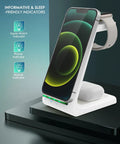 All In One Wireless Charging Station With Upgraded 2026 Fast Desk Charger, holding iPhone, Apple Watch, AirPods; green indicators