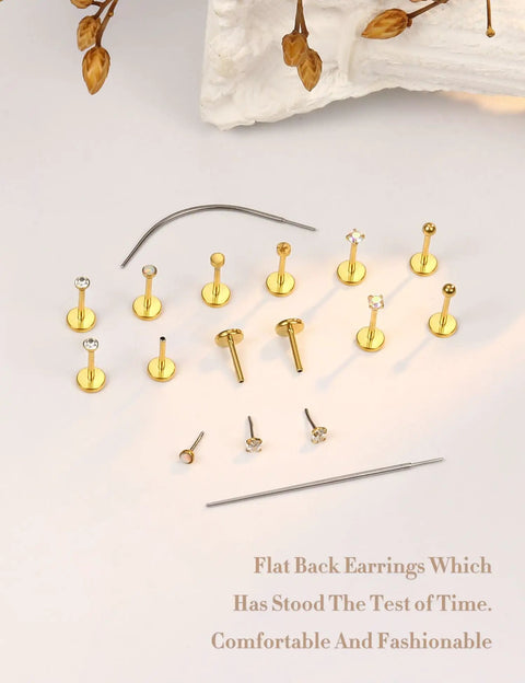 20G Flat Back Threadless Earrings For Women And Men Hypoallergenic 316L Surgical Stainless Steel Nose Lip Tragus Cartilage Medusa Piercing Jewelry 2mm Studs With 14K Gold Filled Shine, assorted studs
