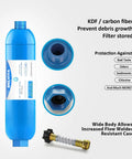 RV Inline Water Filter With Flexible Hose Protector For RVs And Marine Use 2 Pack Drinking And Washing Filter Reduces Lead Fluoride Chlorine Bad Taste And Odor, showing blue filter casing and hose attachment.