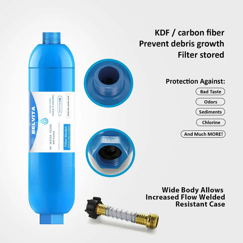 RV Inline Water Filter With Flexible Hose Protector For RVs And Marine Use 2 Pack Drinking And Washing Filter Reduces Lead Fluoride Chlorine Bad Taste And Odor, showing blue filter casing and hose attachment.