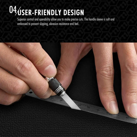 User handling craft knife against ruler, Pro Grade Craft Knife Set With 29 Blades In A Sturdy Storage Case For Artwork Scrapbooking Stencil Architecture Modeling Wood And Leather Projects Ideal For Fine Detail.