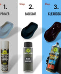 Three-step process showing primer, black basecoat, and 2K Clearcoat Spray For Automotive Finish With Dual Chamber Activation