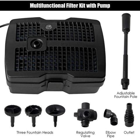 4 In 1 Submersible Pond Filter Pump 660 GPH Fountain Pump With 9 Watt Sterilizer And 3 Nozzles All In One Water Pond Cleaning System With Built In Pump For Outdoor Use Black showing various components including adjustable fountain pole, three fountain heads, regulating valve, elbow pipe, and outlet.
