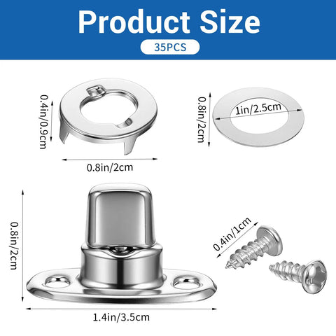 Product size diagram of Rock Solid Marine Grade Twist Lock Fastener Kit 35 Pack with dimensions of fasteners and screws.