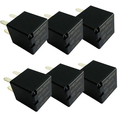 Six Pack Ultra Micro ISO Automotive Relay 12V DC 20A 4 Pin General Purpose for automotive electrical systems, compact high-performance relay set.