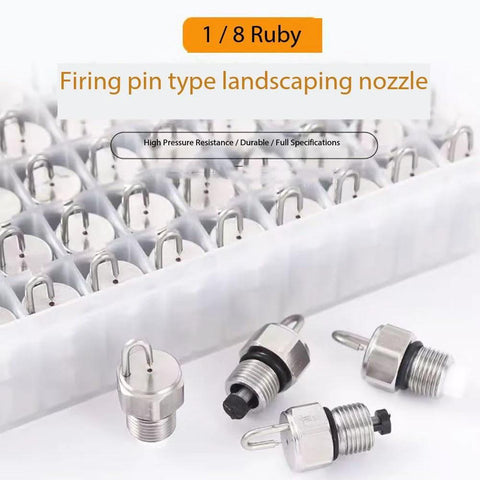 Front view of stainless steel 1/8 Ruby landscape spray nozzle fittings with O-rings.