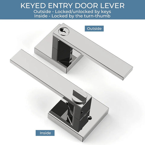Three Piece Door Knob Set With Lock And Key In Polished Chrome showing keyed entry levers for indoor and outdoor use