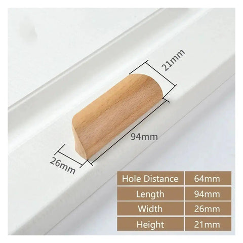 Wooden Cabinet Drawer Pull Handles For Wardrobes And Furniture Knobs With Natural Wood Grain Finish, dimensions shown