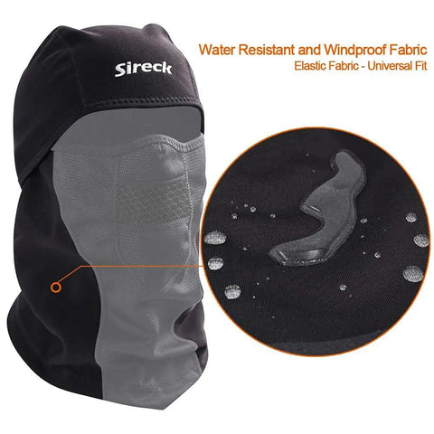 Cold Weather Balaclava Ski Mask With Water Resistant Windproof Fleece Thermal Fabric close-up showing water droplets on fabric