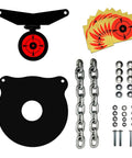 Components of AR500 Steel Target Bullseye Gong 10 Inch Diameter 3/8 Inch Thick With Self Resetting Center Tone Spring displayed