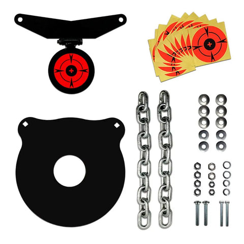 Components of AR500 Steel Target Bullseye Gong 10 Inch Diameter 3/8 Inch Thick With Self Resetting Center Tone Spring displayed