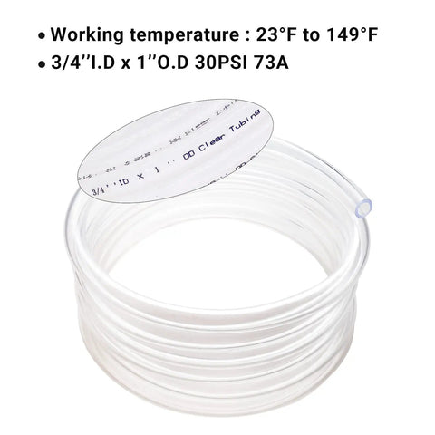Clear 50 ft coil of see-through vinyl tubing, 3/4 inch ID, 1 inch OD, labeled details, flexible PVC hose for multipurpose use