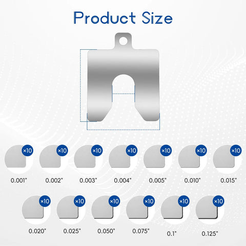 130 Pcs Slotted Stainless Steel Shim Kit 2 By 2 Inch With 13 Thicknesses For Precision Leveling And Calibration Of Machine Tools Pro Grade Shim Set For Machining And Tooling display of shim sizes and thicknesses