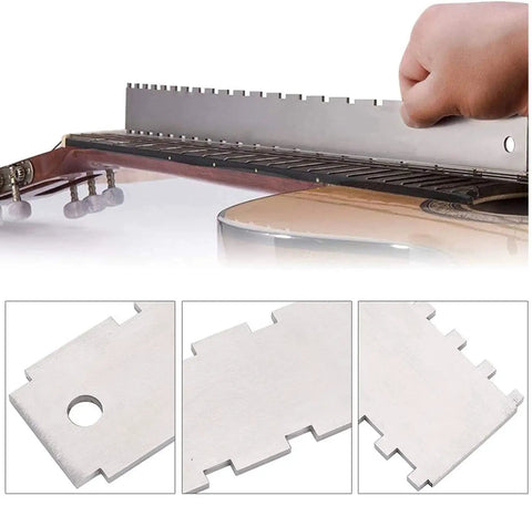 Guitar Setup Tools Kit Notched Neck Straight Edge being used on acoustic guitar for precise neck alignment.