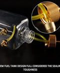 700ml RC Gas Fuel Tank for RC Airplanes, Clear Plastic Bottle With Metal Cap, metal inlet and outlet close-up view