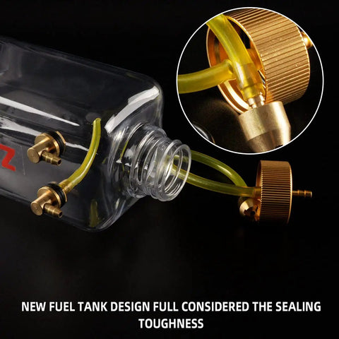 700ml RC Gas Fuel Tank for RC Airplanes, Clear Plastic Bottle With Metal Cap, metal inlet and outlet close-up view