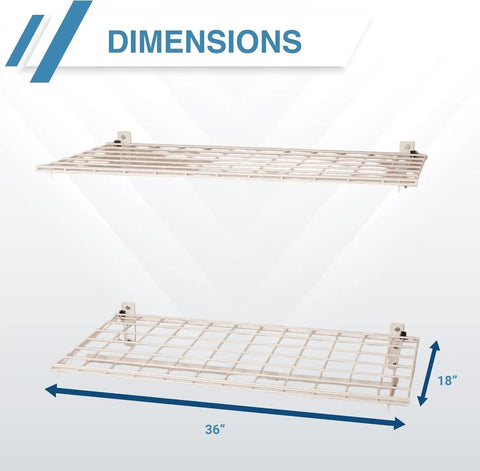 Two Pack Heavy Duty Steel Wall Garage Shelving Set 36 In By 18 In Adjustable Shelves With Hanging Rod shown with dimensions