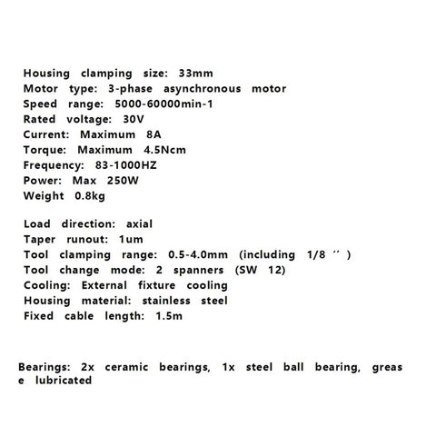 Specifications for High Speed CNC Spindle Motor With Quiet Water Cooling For Precision Machining, including size and power