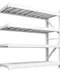 Heavy Duty Four Tier Garage Shelving Rack With Rock Solid Steel Frame And Fully Adjustable Metal Platforms in white color.