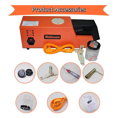 Wellzoom No Sweat 3D Filament Extruder Machine accessories including power cord, container, screws, and tools.