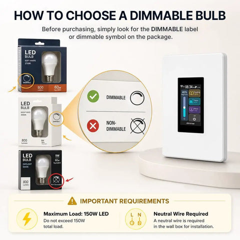Image showing how to choose a dimmable bulb with a Slick Smart Dimmer Switch With A Nifty LCD Touchscreen And Ultra Smooth 100 Level Brightness Control Built For No Fuss Home Automation Works Flawlessly With Alexa And Google Home For Quick Multi Gang Upgrades.