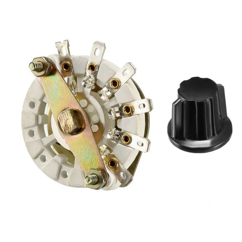 Band Selector Rotary Switch One Pole Five Position with knob, deck mount, 9.7mm mount hole, 6mm shaft, includes mount nut and black knob