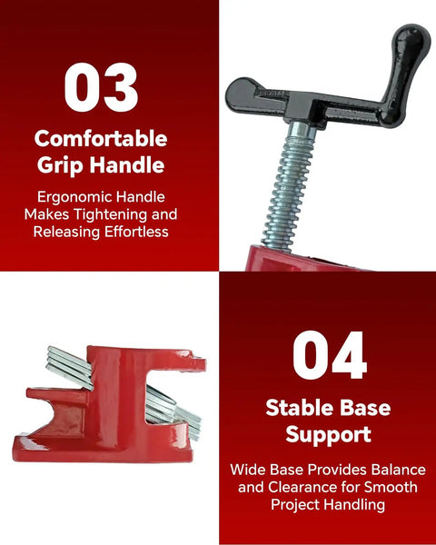 Heavy Duty Cast Iron Pipe Clamps 4 Pack For Real Woodworking Tough As Nails Jig And Wood Glue Press showing ergonomic grip handles and stable base.
