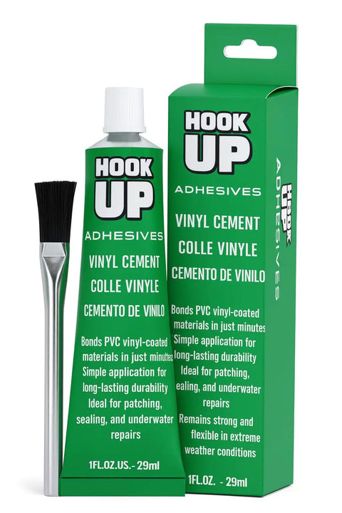 Tube and box of Vinyl Cement Adhesive for Waterproof, Heavy-Duty Fast-Drying Repairs on Pools, Inflatables, PVC, Air Mattresses, Tarps, Boats, Rafts and Upholstery with brush