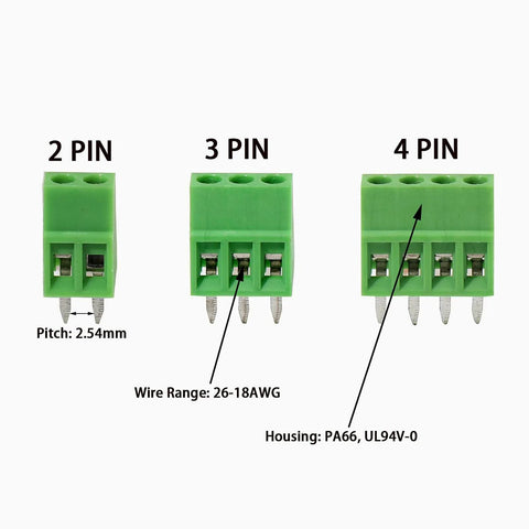 Image showing 50 Pack 2.54mm 0.1 Inch Pitch PCB Mount Screw Terminal Block Connector 2P 3P 4P 150V 6A Rating for DIY projects.