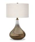 25.5 Inch Tall Table Lamp With White Fabric Shade And Smoked Chrome Glass Base, Sleek Modern Accent Light For Living Room Or Bedroom, Decanter Style Glass With Soft Ambient Glow, Contemporary Decor