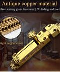 Heavy Duty Brass Sliding Bolt Door Latch With Super Smooth Auto Return Antique Bronze Finish Solid Gear close-up view in bright copper color.