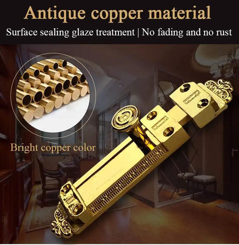 Heavy Duty Brass Sliding Bolt Door Latch With Super Smooth Auto Return Antique Bronze Finish Solid Gear close-up view in bright copper color.