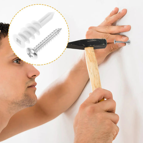 Heavy Duty Self Drilling Drywall Anchors And Screws Kit with man installing screw into wall