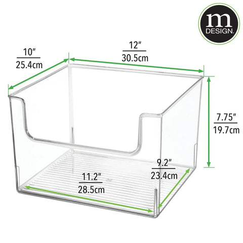 Open Front Bathroom Storage Bins for Vanity Cabinets and Closets, Clear Plastic Cubby Organizer showing dimensions, 8 Pack.
