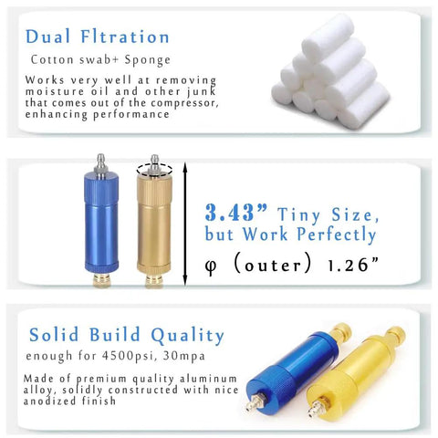 Heavy Duty High Pressure Air Compressor Filter Dryer For Rifles And Air Guns 4500 PSI Oil Water Separator with Quick Connector shown in blue and gold aluminum