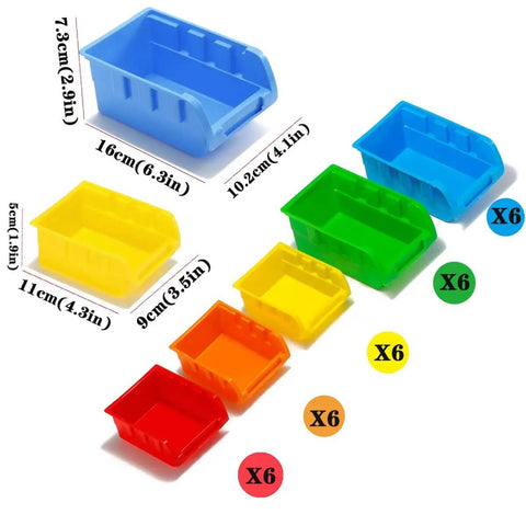 All In One Wall Mounted Storage Bins Kit For Tools And Hardware With Pegboard Organizer Rack And 30 Bins In Five Color Parts