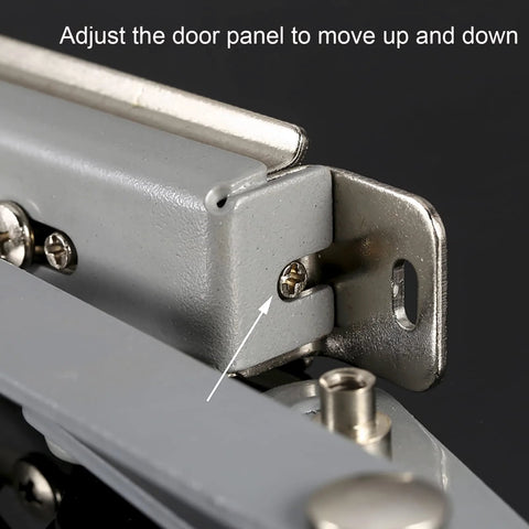 Close-up of Kitchen Cabinet Door Flap Up Support Furniture Hinge, showing screw adjustment for door panel movement