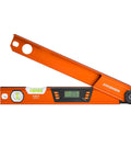 Digital Angle Finder And Protractor Level Brings Boss Level Precision For Nailing Every Woodworking Cut Dead On Accuracy Heavy Duty Multi Angle Measuring Tool built in orange aluminum, shows digital measurement readout.