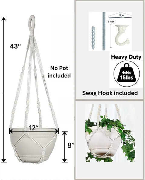 Extra Long 43 Inch Macrame Planter Hanger For 12 Inch Pots With Swag Hook Large Indoor Plant Display No Tassel Cotton Rope Beige XL No Pot Or Plant Included Sturdy 4mm Cord