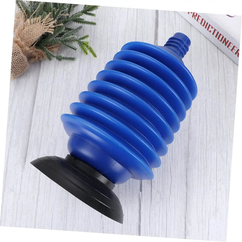 Heavy Duty Toilet Plunger Slays Stubborn Bathroom Clogs Quickly Without Breaking A Sweat Using Legit High Pressure Suction And Ergonomic Grip Handle, blue rubber head and black base.