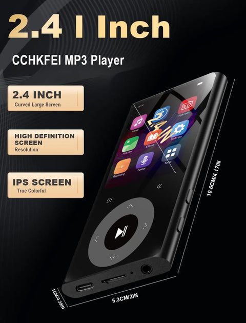 64GB MP3 Player With 2.4 Inch Screen And Built In Speaker Bluetooth Hi Fi Sound Expandable To 192GB shown at an angle