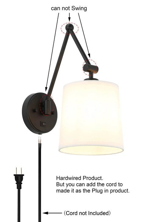 Set Of 2 Modern Matte Black Wall Sconces With White Fabric Shade Easy On Off Switch Hardwired Or Plug-In Cozy Bedside Mood Lighting