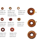 Different toroidal coils with specifications, sizes, and wire diameters showcased for Slick Belt Type Ring Winding Machine.