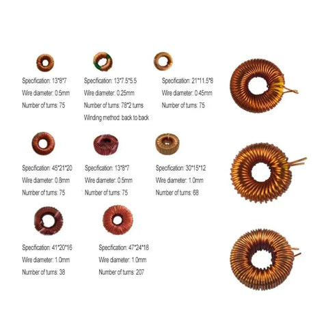 Different toroidal coils with specifications, sizes, and wire diameters showcased for Slick Belt Type Ring Winding Machine.