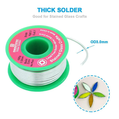 3.0mm Lead Free Solder Wire For Stained Glass Crafting shown with a reel and delicate glass artwork example.